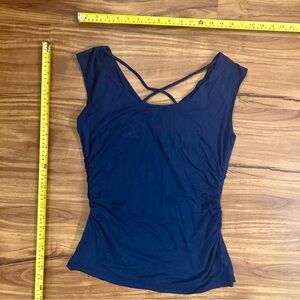 Vince Camuto navy blue tank with crisscross back and ruched sides